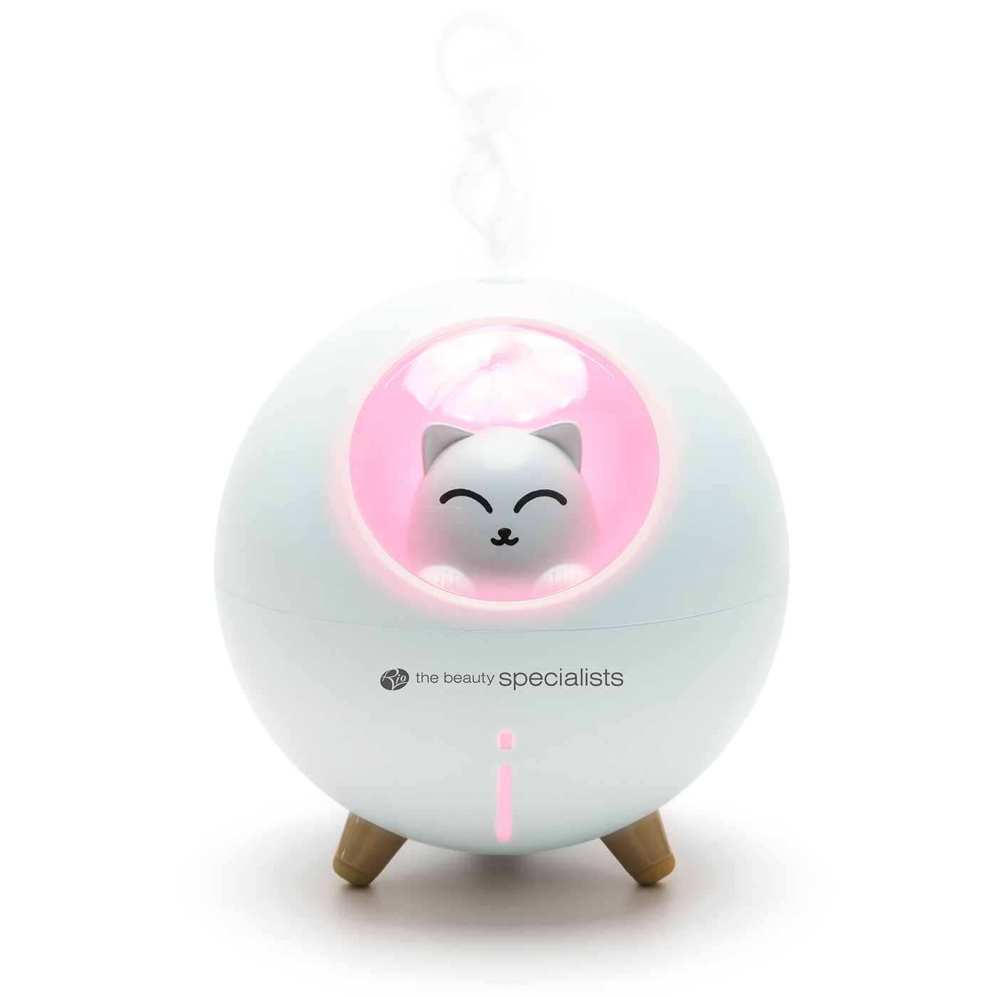 The Rio MIA Cat Childrens Essential Oil Diffuser, Humidifier, and Night Light features a cute cat inside a pink-lit window with steam rising from the top and small wooden legs—a charming addition for any child’s room.