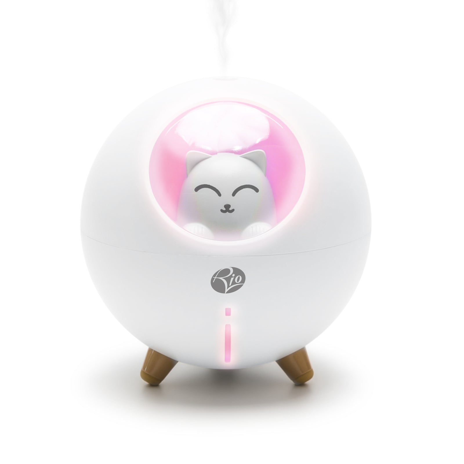 A round, white Rio humidifier stands on three brown legs, featuring a small, smiling cat in a pink-lit window. It emits a thin mist and can use AROMATHERAPY DIFFUSER REPLACEMENT FILTERS for enhanced freshness.