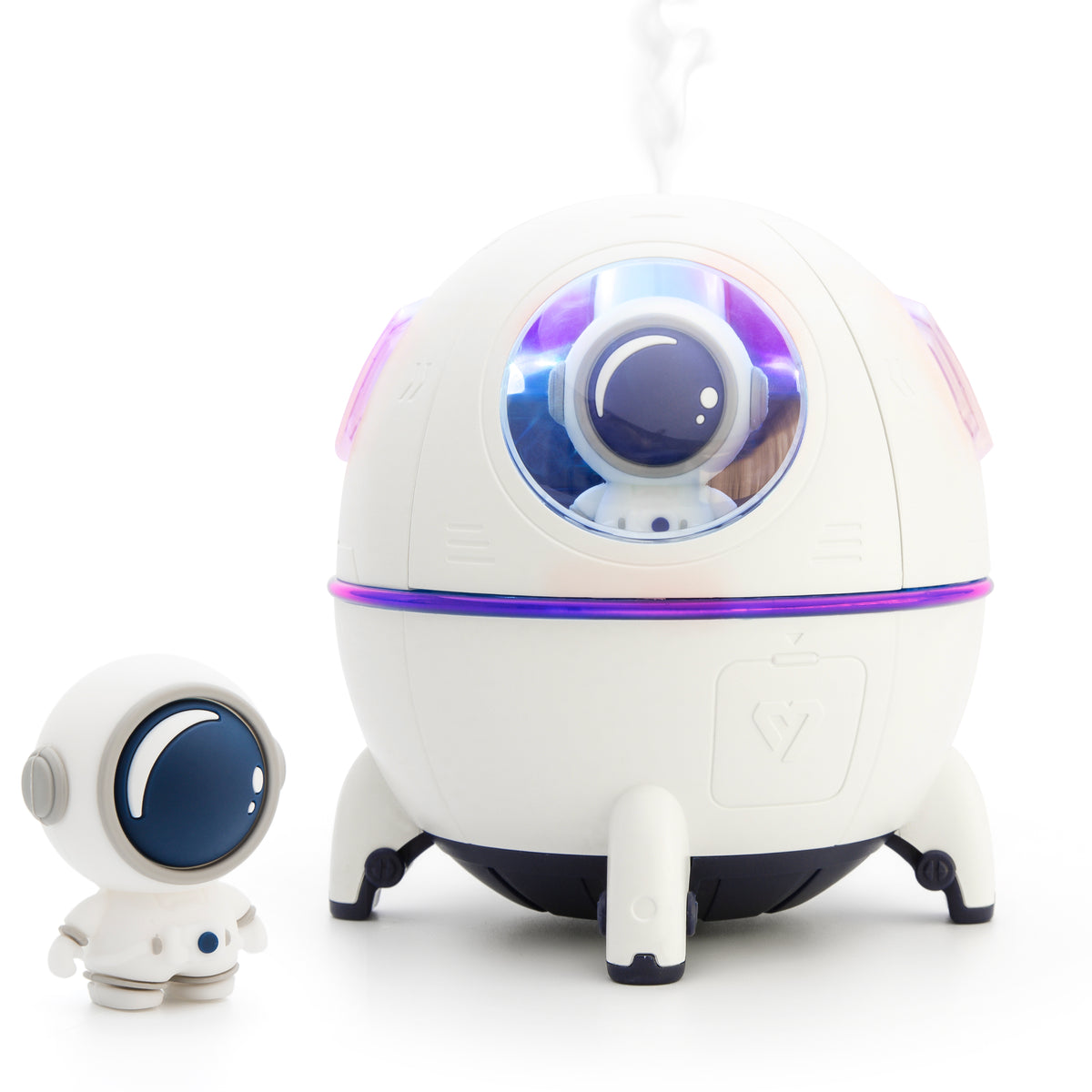 A small, round, futuristic Rio AROMATHERAPY DIFFUSER REPLACEMENT FILTER stands beside a larger spherical ship emitting steam; both are white with blue accents and resemble stylish diffuser filters, with a window revealing another similar robot inside.