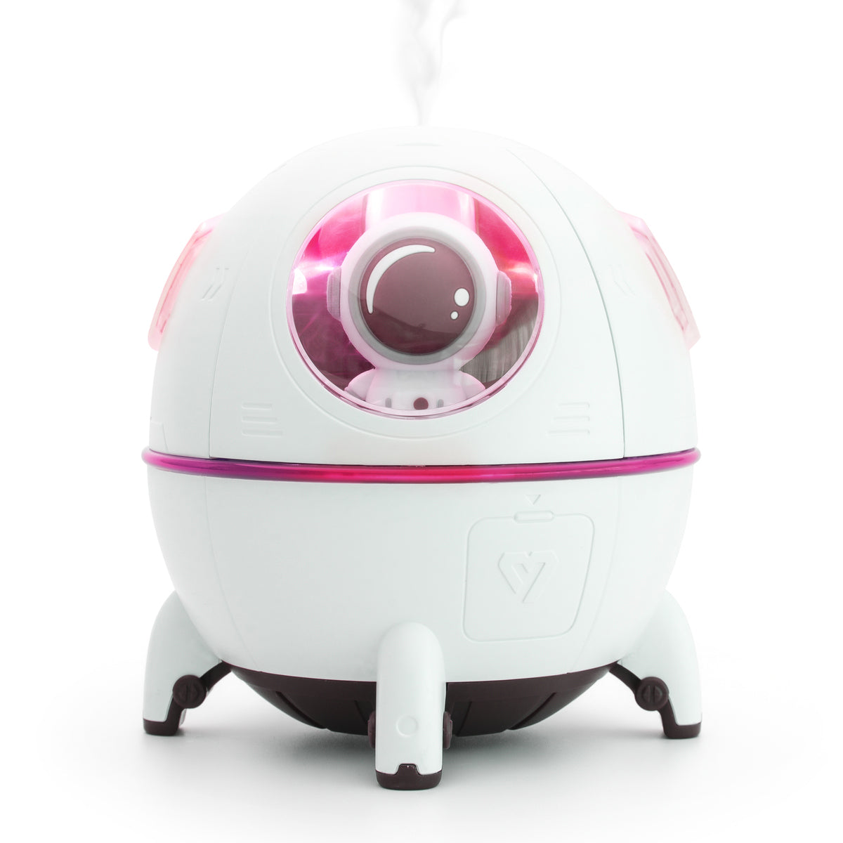 The Rio Spaceship Explorer Childs Essential Oil Diffuser, Humidifier, and Night Light features a white round design with pink accents, emits a mist from the top, stands on four legs, and functions as a soothing night light.