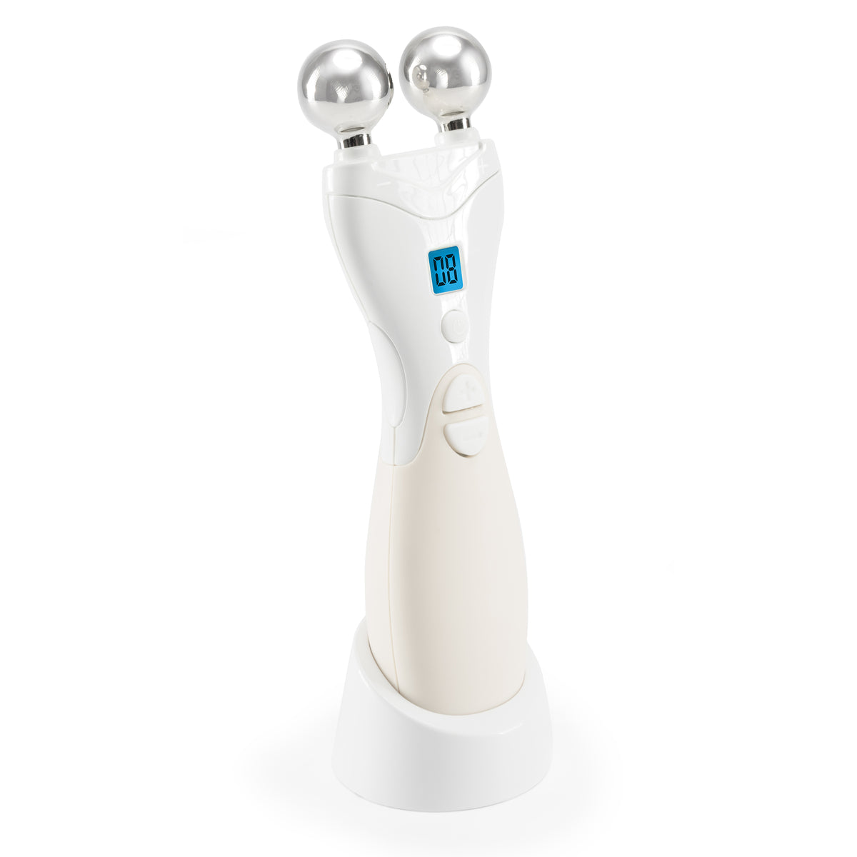 The Rio Lift Plus 60 Second Face Lift is a white handheld beauty device with two silver spheres, a digital display showing 08, and front buttons, standing upright in its charging base for quick face lifting and rejuvenation.