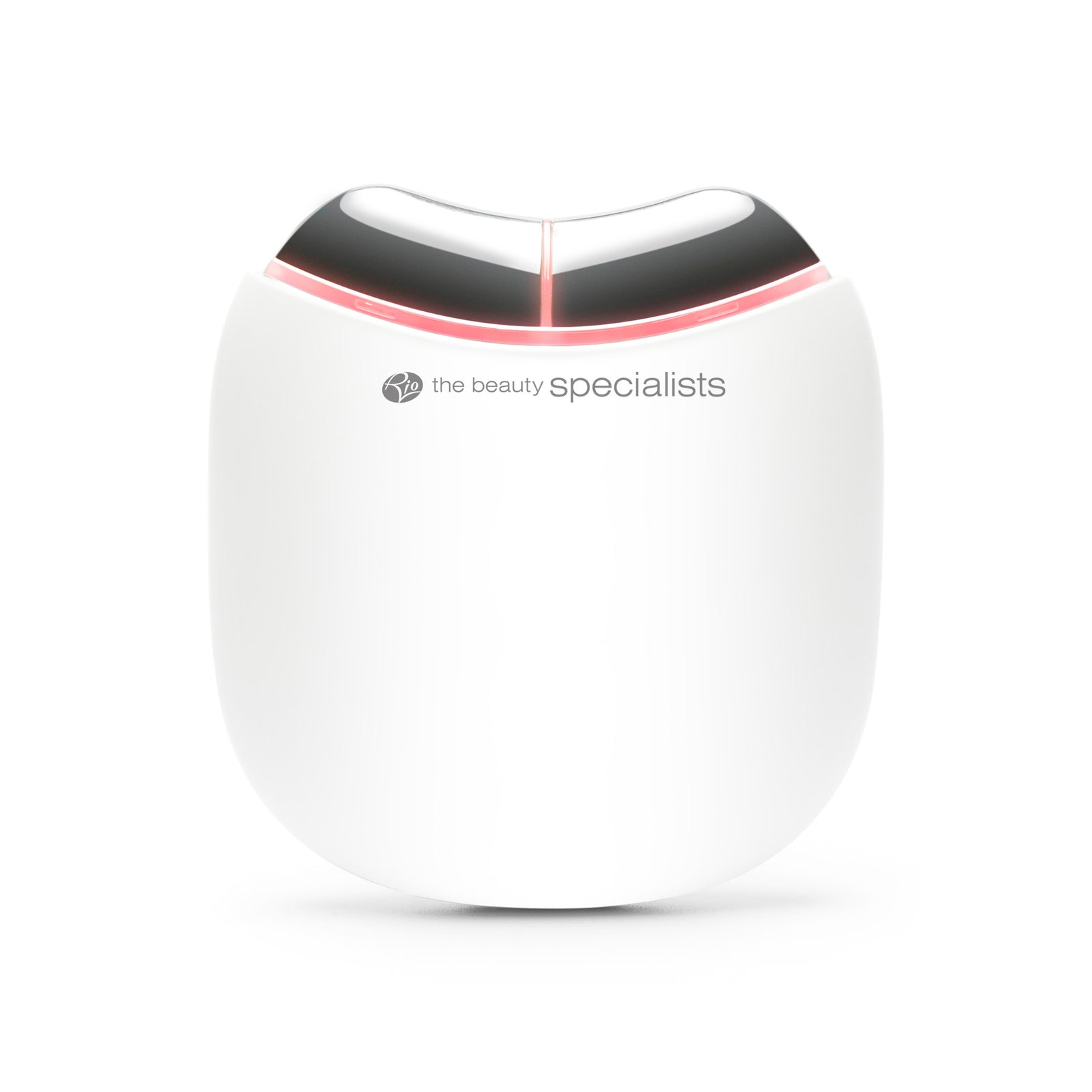 The Rio Face Lift & Tone Facial Toner is a white, oval-shaped device with a metallic V-shaped tip that emits a gentle red light and the beauty specialists on the front—ideal for anti-aging and skin toning routines.