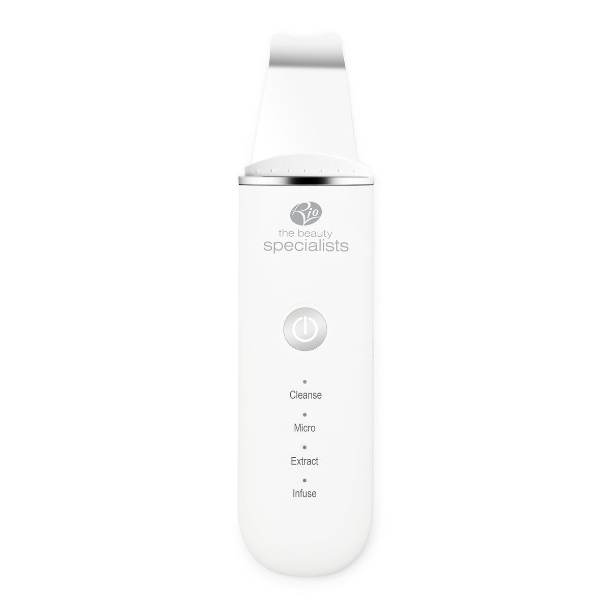 The Rio Ultrasonic Skin Cleanser is a white handheld device with a flat metallic spatula, power button, and four modes: Cleanse, Micro, Extract, and Infuse. Designed for skin cleansing and exfoliation, it features the Rio logo above the buttons.