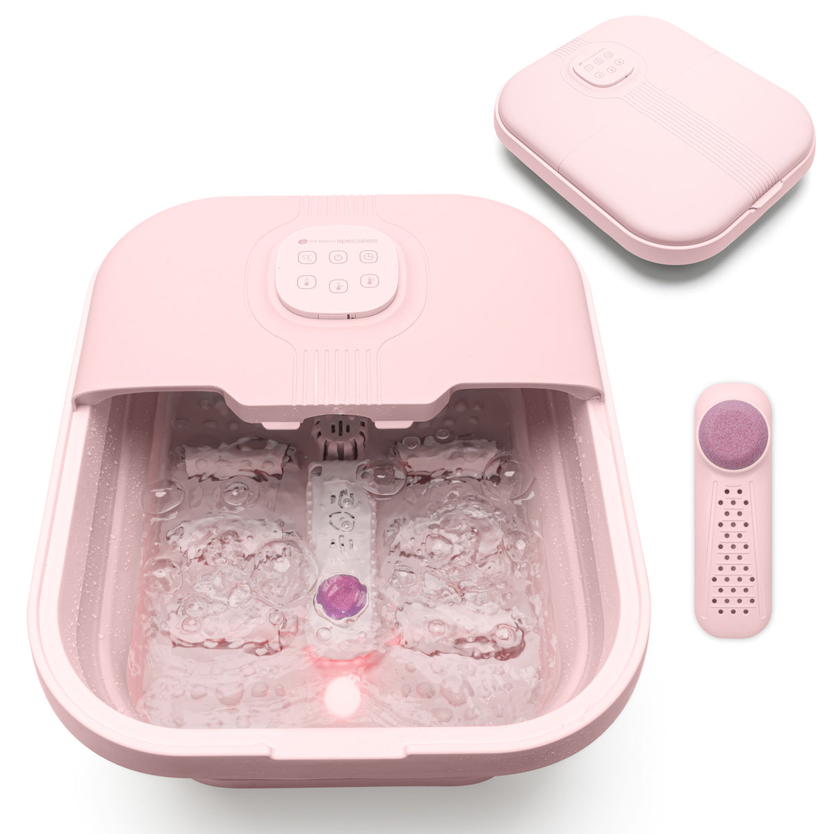 Electric pink foot spa with bubbling water, pumice stone, and remote—perfect for at-home pedicures.