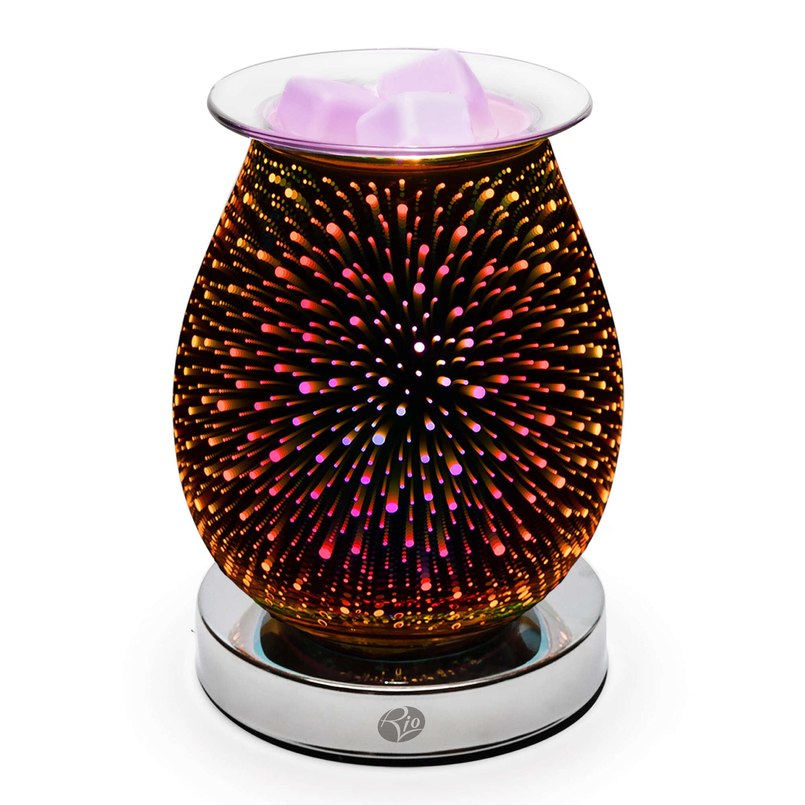 The Rio Alura Wax Melt Burner & Aroma Diffuser Lamp features a 3D firework pattern in vibrant purple, yellow, and orange atop a reflective silver base for stylish fragrance and illumination.