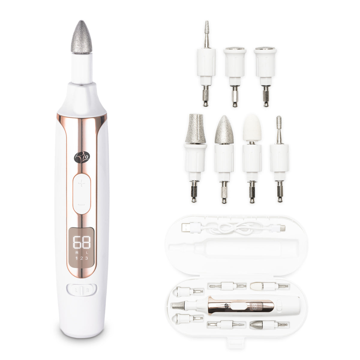 The Rio Precision Pro Electric Nail File in white and rose gold features a digital display, eight interchangeable drill bits, and comes with a white storage case for organized, professional nail care.