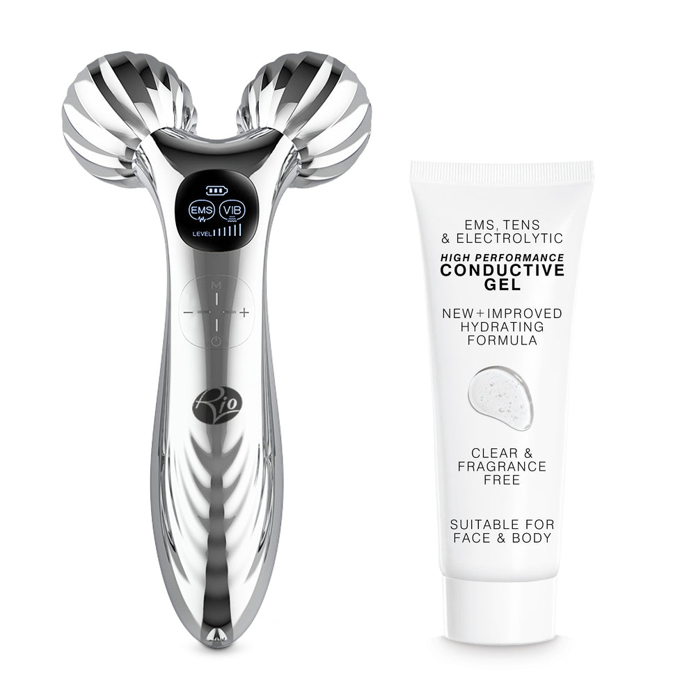 The Rio Face & Body Massage Roller, a silver handheld tool with two textured balls, is shown next to a white tube of High Performance Conductive Gel for skin firming on the face and body.