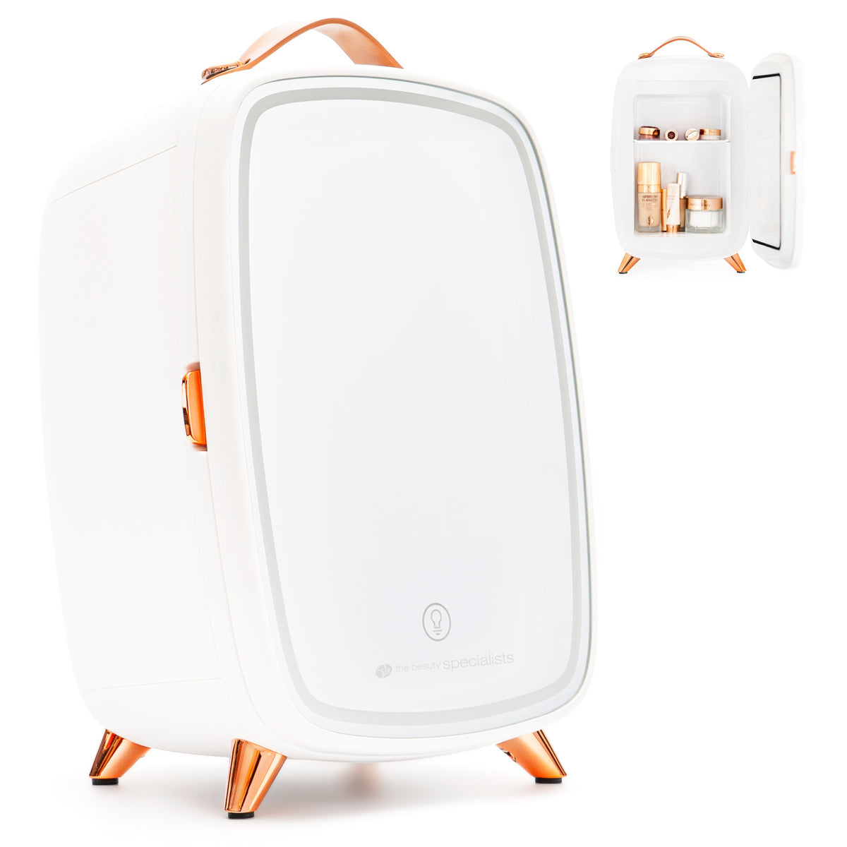 The Rio Beauty Skincare Fridge With Mirror is a sleek white mini fridge with rose gold accents and a leather handle. A closed-door main view and inset of the open fridge show chilled storage for creams and skincare on compact shelves.