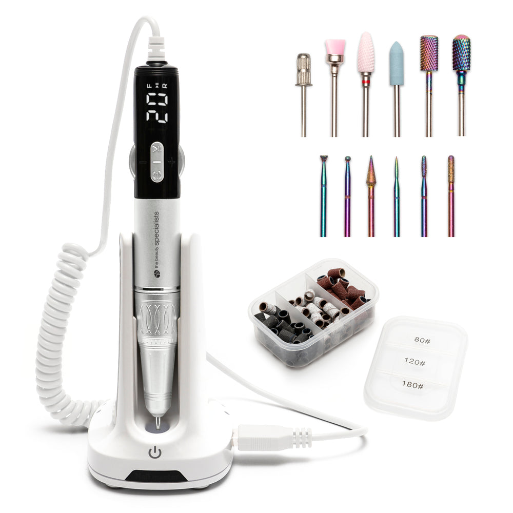 The Rio Salon Pro Electric Nail File &amp; Drill features a digital display and charging dock, with colorful drill bits and sanding bands in a case—an all-in-one kit for salon-quality DIY manicures and pedicures at home.