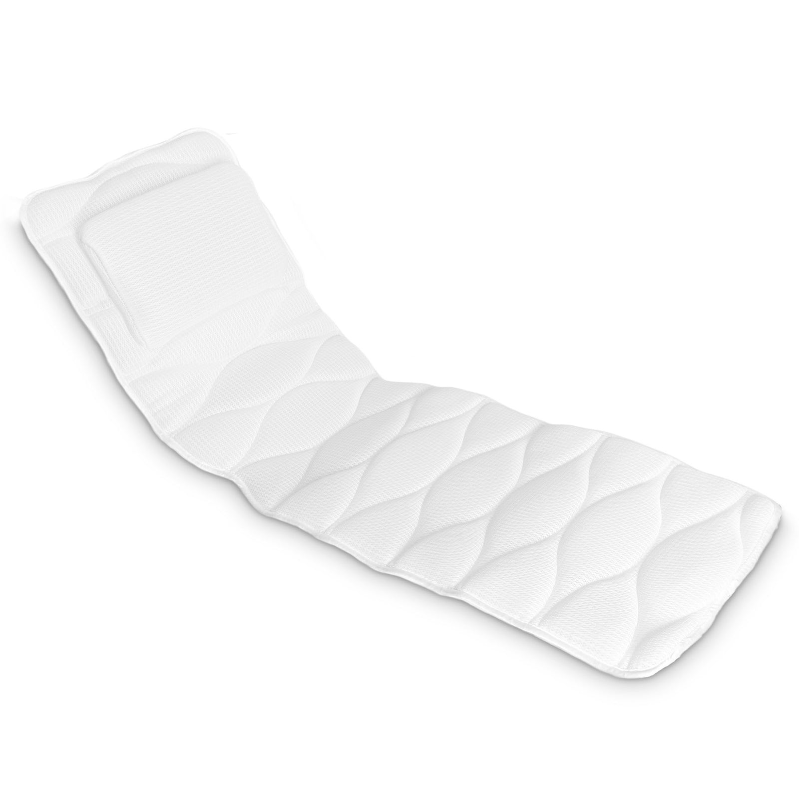 The Rio Luxury Bath Mat & Pillow is a white, quilted, contoured mat with a textured pattern, designed to fit reclined chairs or loungers—perfect for bathing indulgence and ultimate relaxation.
