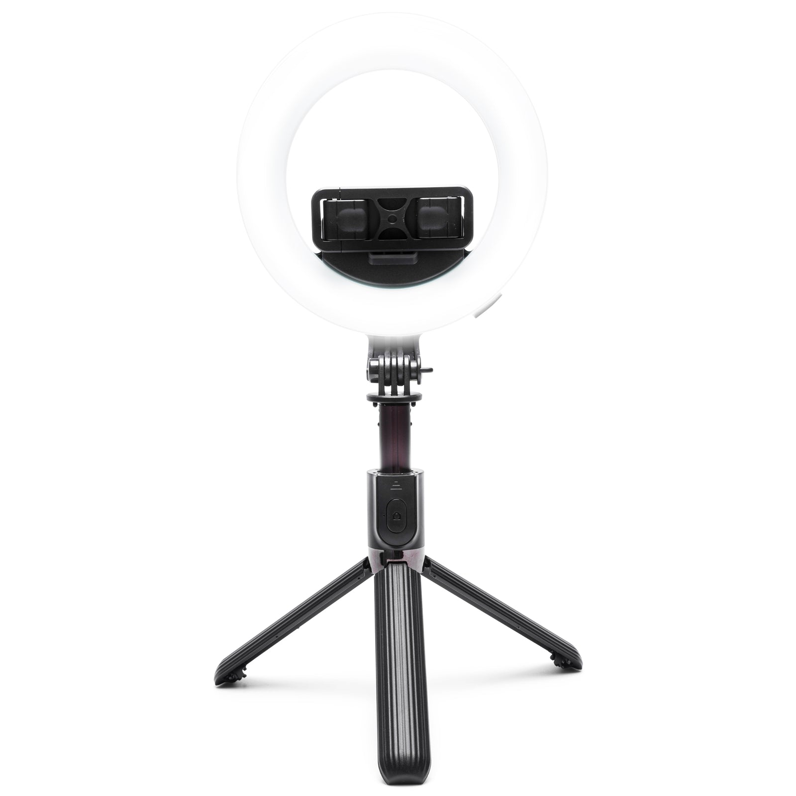 The Rio GlamourGlow Pro Beauty & Vlogging Ring Light, featuring a center phone holder on a compact black tripod stand, is ideal for vlogging or makeup and is shown front-facing against a white background.