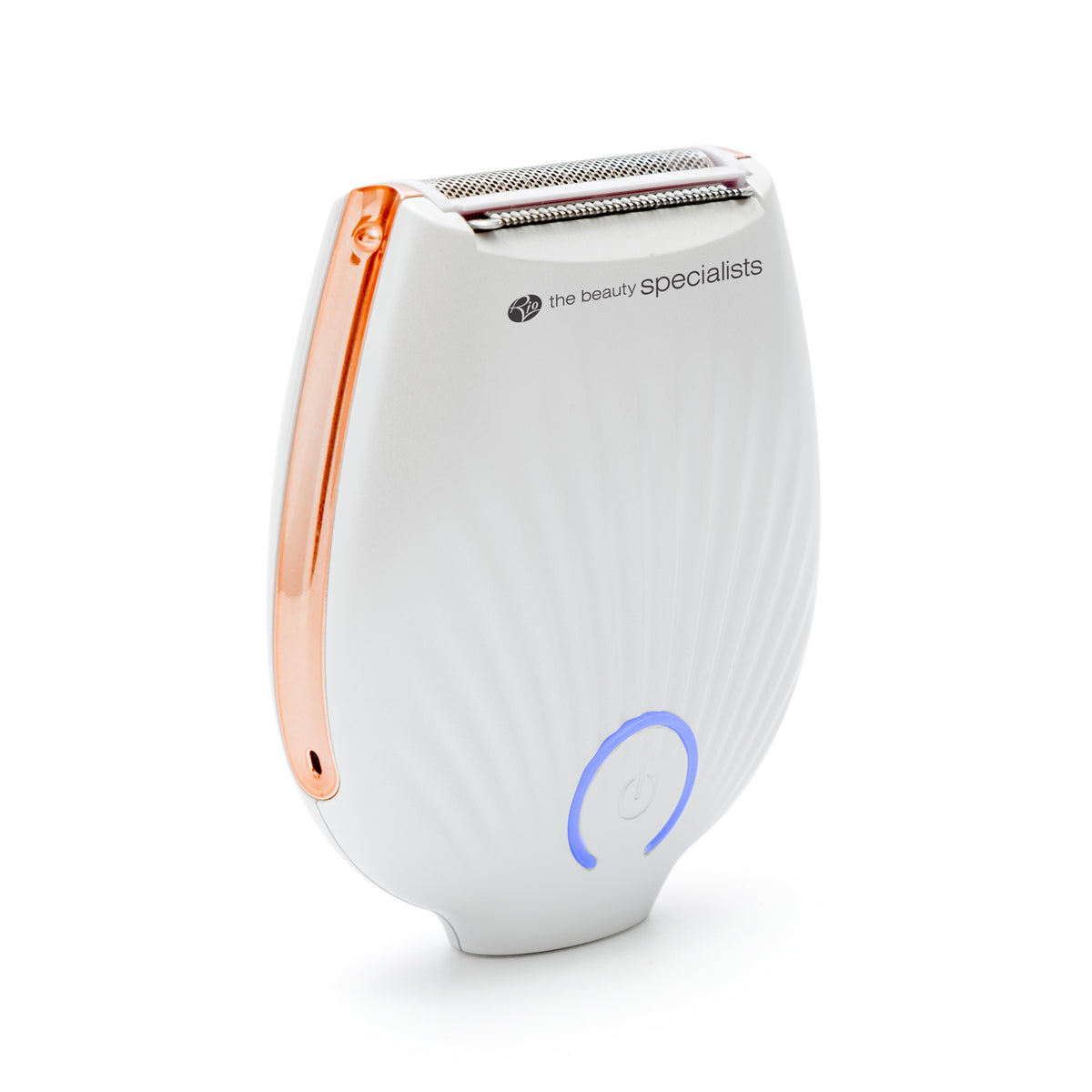 The GO SMOOTH Lady Shaver by Rio features a white and rose gold, shell-textured design, a blue-lit power button, and the beauty specialists printed on the front—offering effortless shaving.