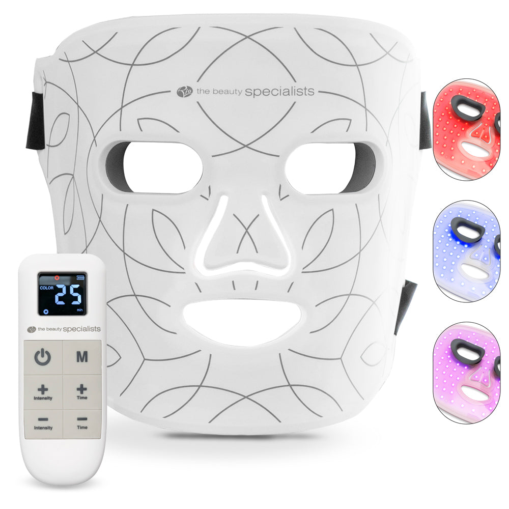 The Rio LED Face Mask by Rio, featuring eye and mouth cutouts and a handheld remote, is shown with insets highlighting its red, blue, and purple anti-ageing light therapy modes.