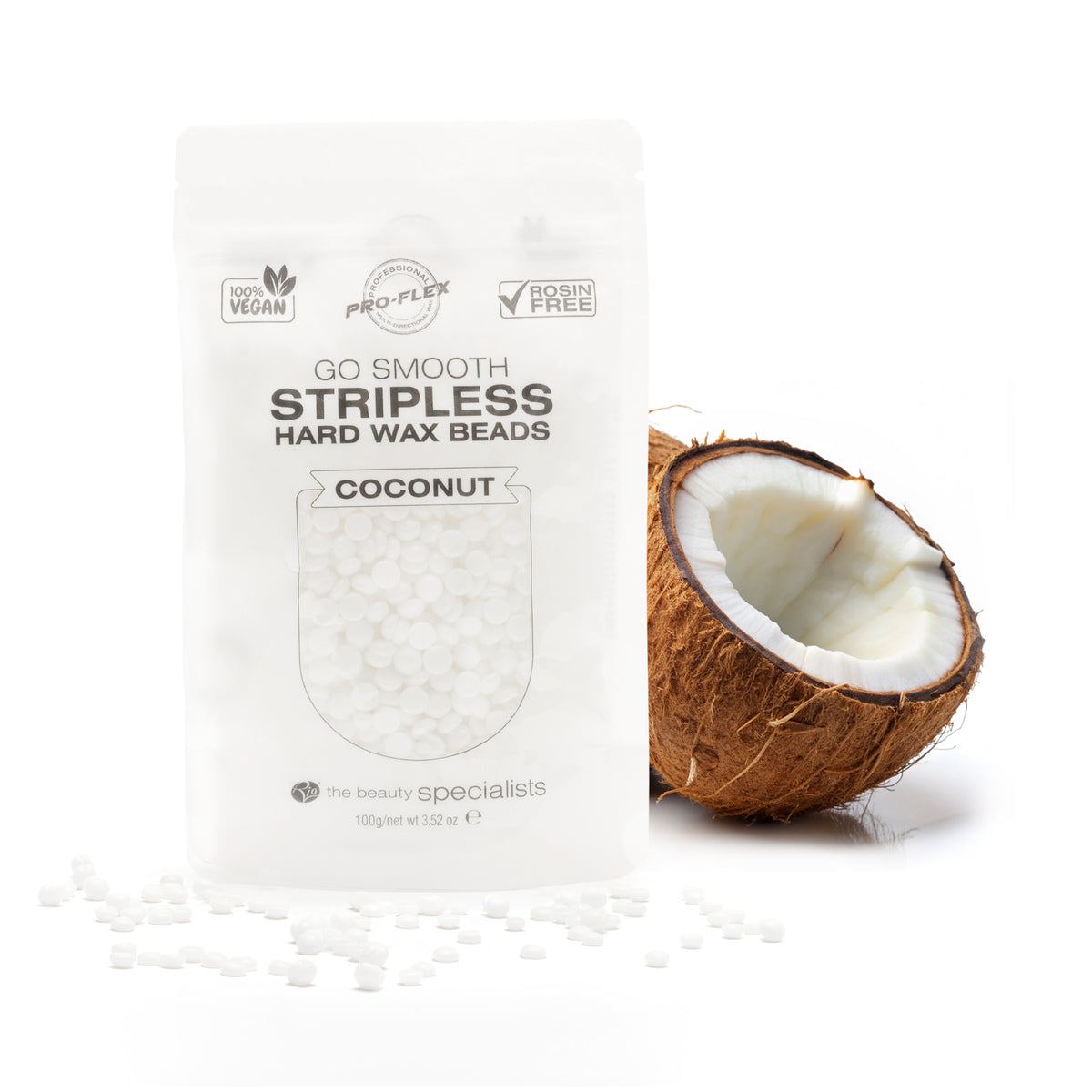 1 pouch of 100g coconut scented GO SMOOTH STRIPLESS hard wax beads with half a coconut in the background