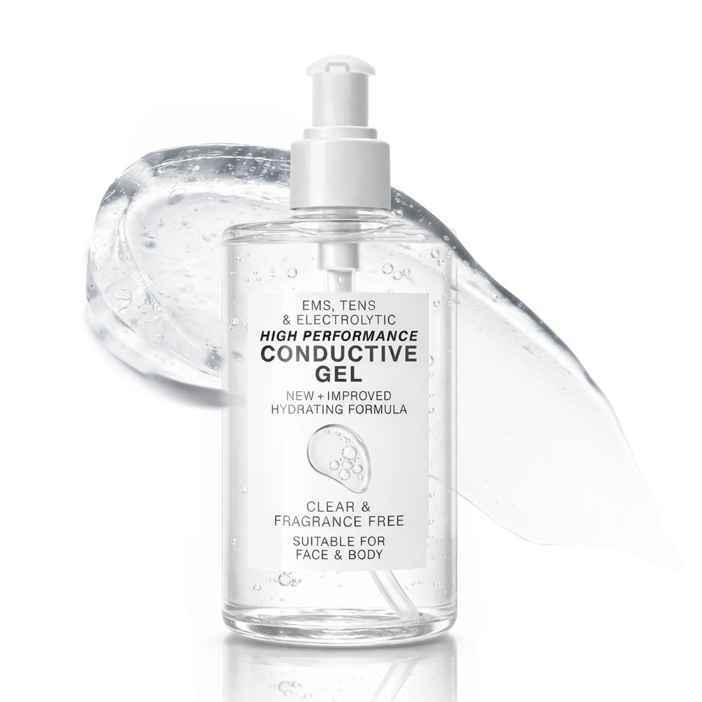 A clear pump bottle labeled Rio EMS, TENS, Electrolytic &amp; Micro-Current Toning Conductive Gel 250ml stands before a smear of gel. The label highlights its fragrance-free, hydrating formula, suitable for both face and body.