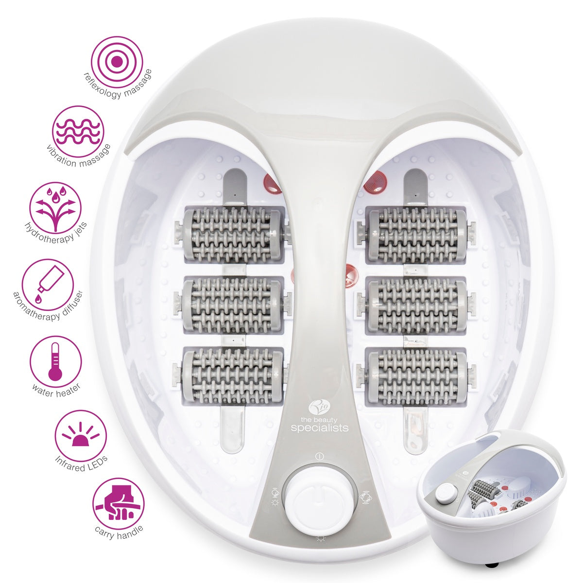 The Rio Deluxe Foot Spa Bath and Massager features an oval gray and white design with six textured rollers, vibration massage, hydrotherapy, aromatherapy, water heating, infrared LEDs, and a convenient carry handle.