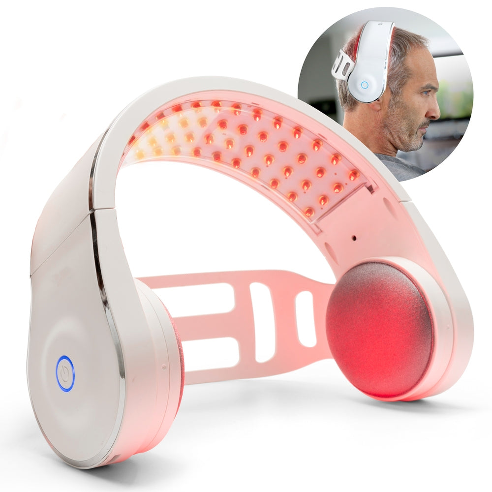 The Rio HairGrow Laser Head Band is a white and pink wearable device with LED lights and padded ear covers. An inset image shows a man wearing the band over his head with lights on, suggesting use for hair or scalp treatment.