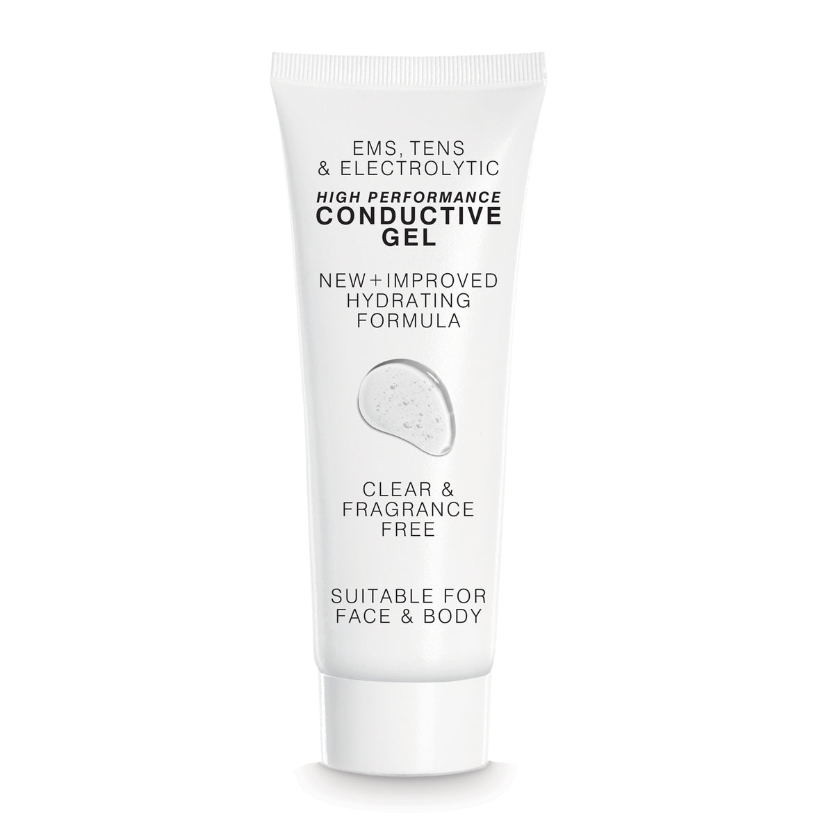 A white tube labeled Rio EMS, TENS, Electrolytic and Micro-Current Toning Conductive Gel 85ml features a hydrating, clear, fragrance-free formula for face and body, ideal for EMS toning, TENS, and micro-current device use.