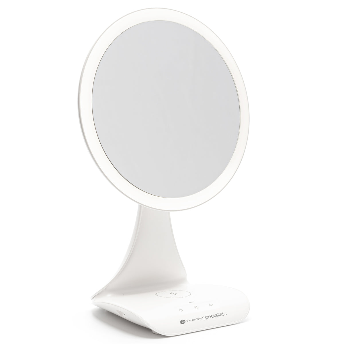 The Rio 5x magnification LED makeup mirror features an illuminated border, touch controls, and sits on a curved stand with a wireless charging station at its base.