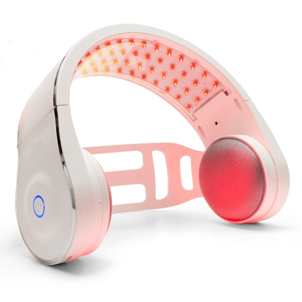The Rio HairGrow Laser Head Band is a white, high-tech headset with red inner LED lights for hair regrowth or scalp treatment, featuring a visible power button on one side.