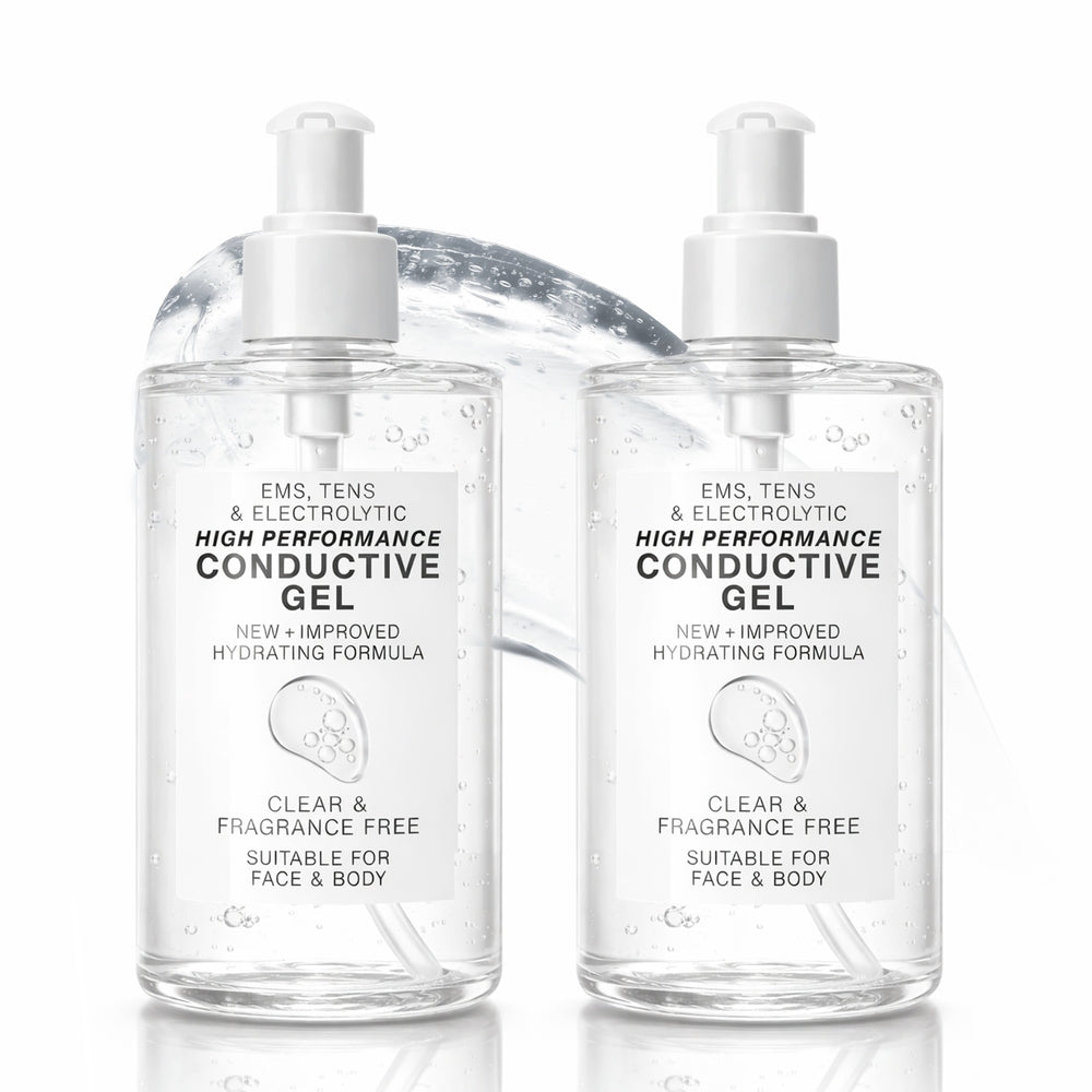 Two clear pump bottles of Rio's EMS, TENS, Electrolytic and Micro-Current Toning Conductive Gel (250ml), featuring a fragrance-free, hydrating formula for face and body. Ideal for EMS toning or any micro-current system.