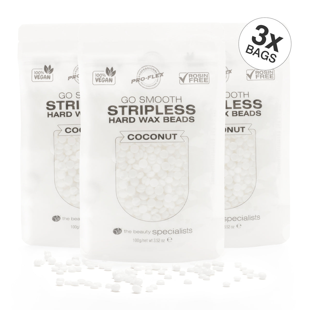 3 pouches of 100g coconut scented GO SMOOTH STRIPLESS hard wax beads
