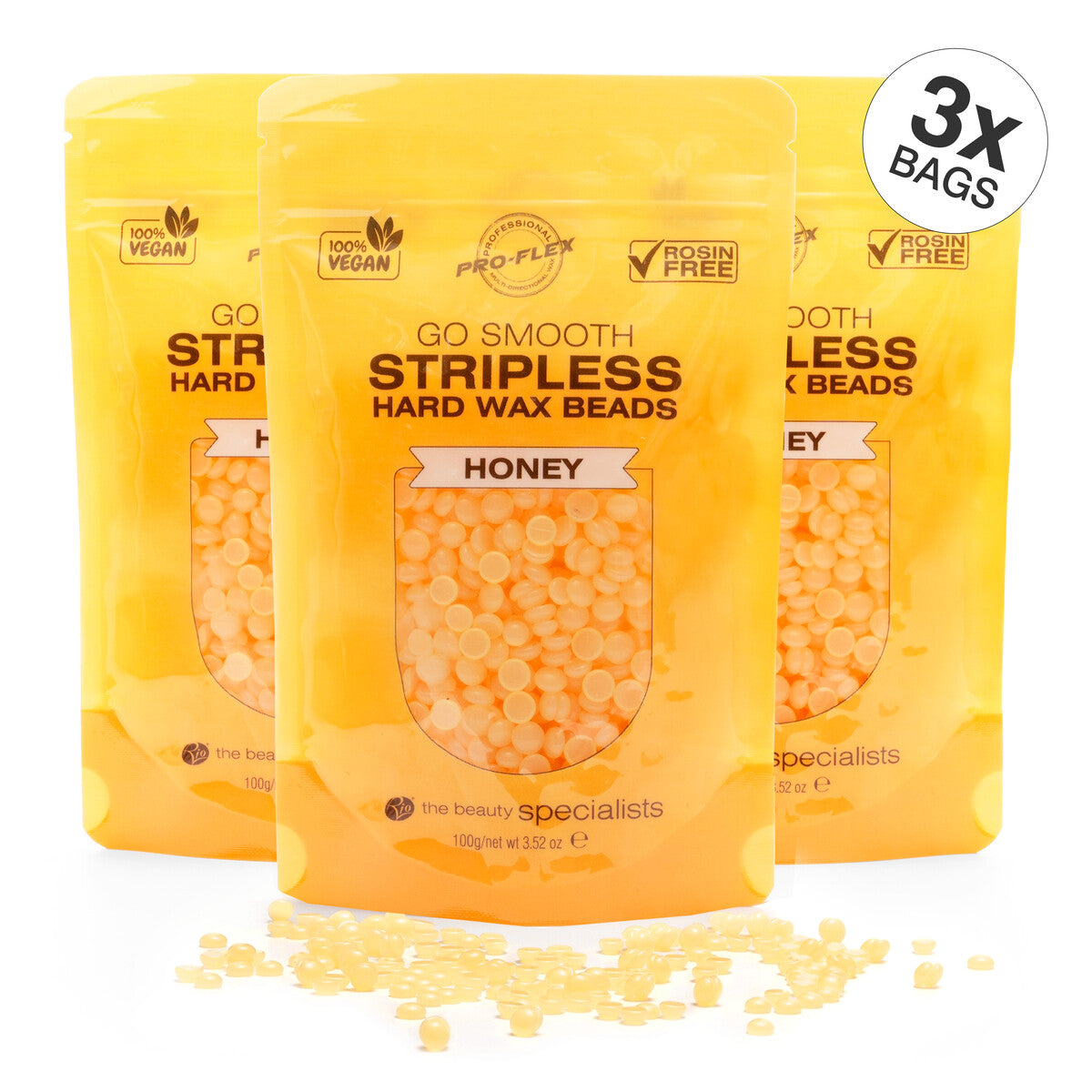 3 pouches of 100g honey scented GO SMOOTH STRIPLESS hard wax beads