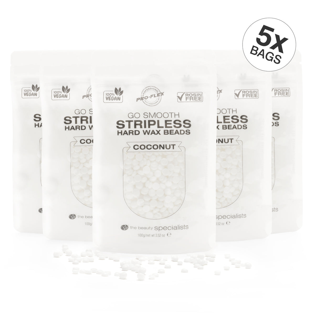 5 pouches of 100g coconut scented GO SMOOTH STRIPLESS hard wax beads