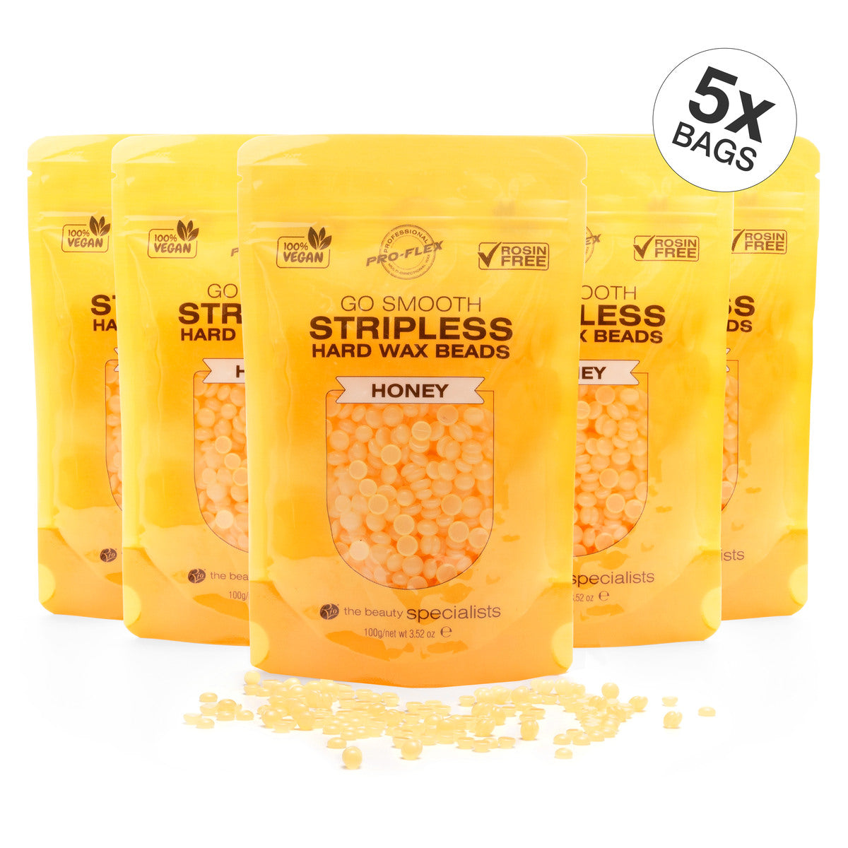 5 pouches of 100g honey scented GO SMOOTH STRIPLESS hard wax beads