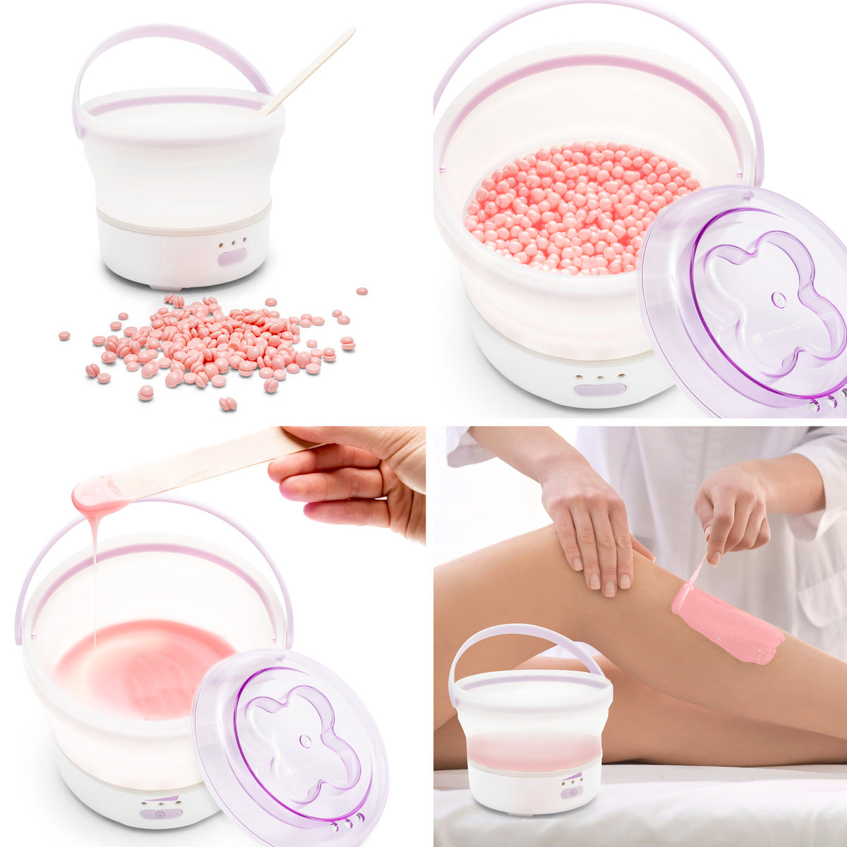 A collage features Rios GO SMOOTH HARD WAX HEATER: pink wax beads in a white container, melted wax on a stick, someone applying wax to their leg, and an open container with pink beads.
