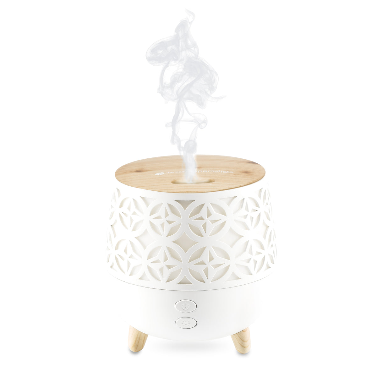 The Rio TALIA Aroma Diffuser, Humidifier & Night-Light features a white geometric design, wooden top, three legs, and two front buttons for easy control. It emits a spiral mist from the top and serves as a stylish accessory.