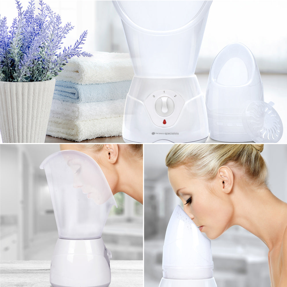 The Rio Facial Sauna Skincare with Steam Inhaler is shown on a counter beside towels and a potted lavender; two images display a woman using the steam inhaler, leaning into its mask attachment.