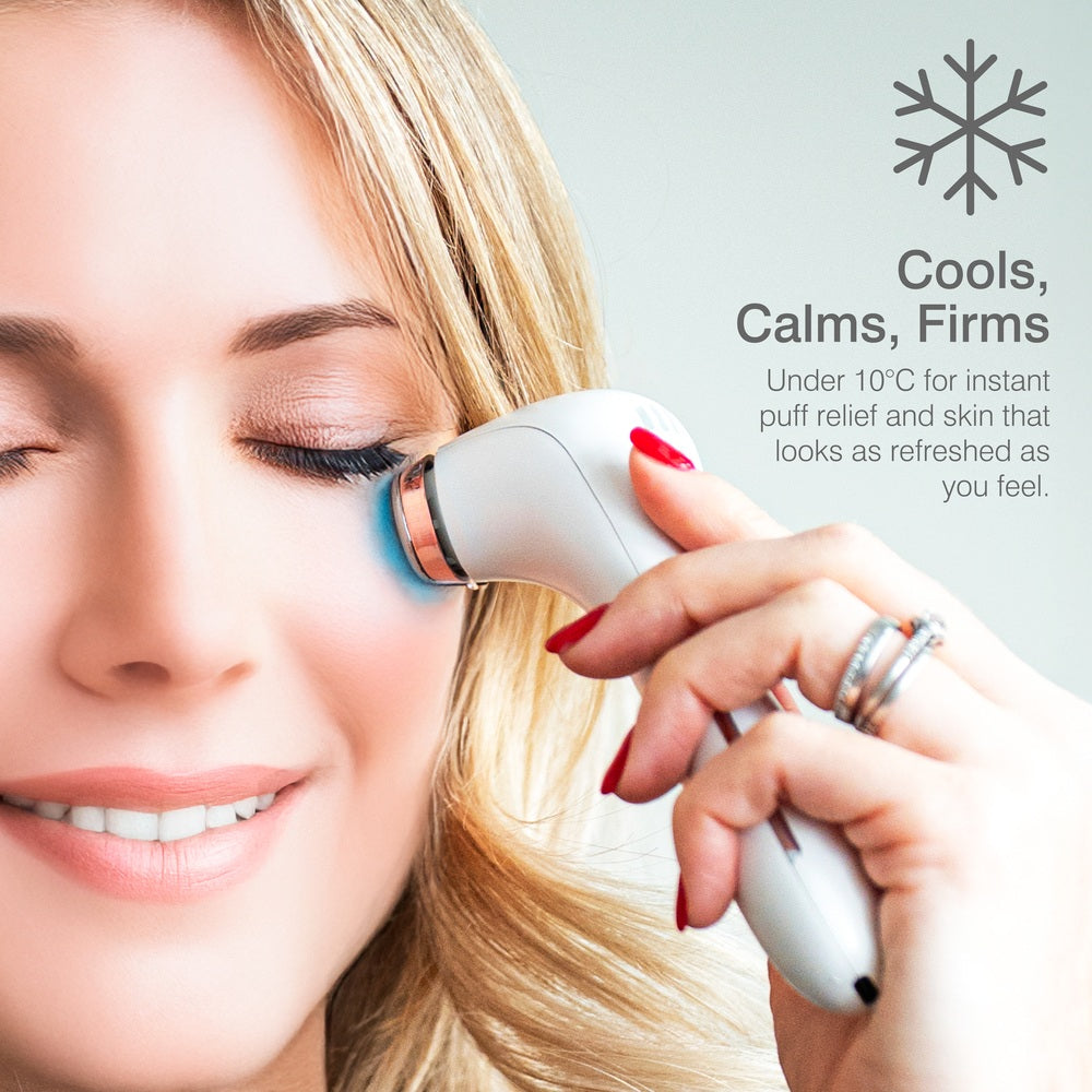 A woman uses the Rio Eye Refreshing Massager with a cool metal tip under her eye. Text reads: Cools, Calms, Firms. Delivers under 10°C cooling to quickly reduce puffiness and refresh skin—ideal for dark circles.