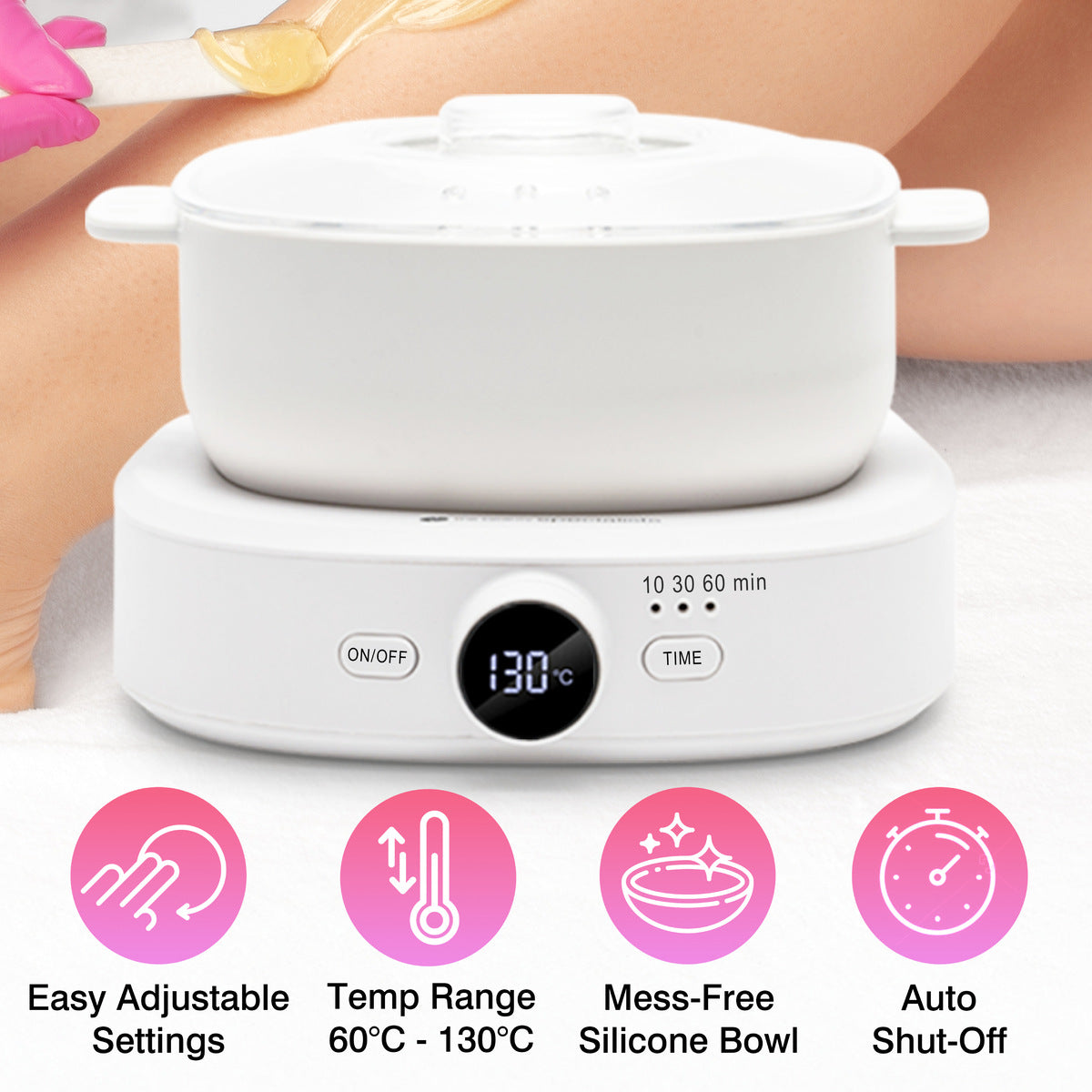 The Rio Go Smooth Hair Removal Wax Heater, shown in white with a digital display at 130°C, offers icons and text for adjustable settings, a wide temperature range, silicone bowl, and auto shut-off—ideal for salon-quality hair removal or wax melts.