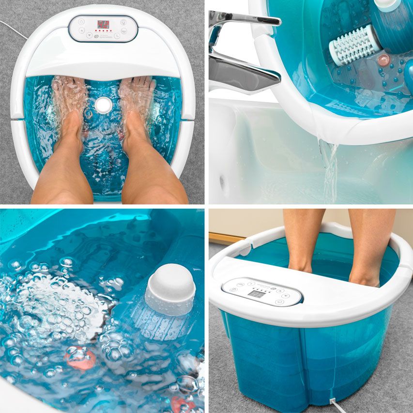 A collage of four images shows the Rio Multi-Functional Motorised Foot Spa Bath and Massager: feet soaking, close-up of draining, water bubbling, and feet in the filled spa with its electronic controls visible on top.
