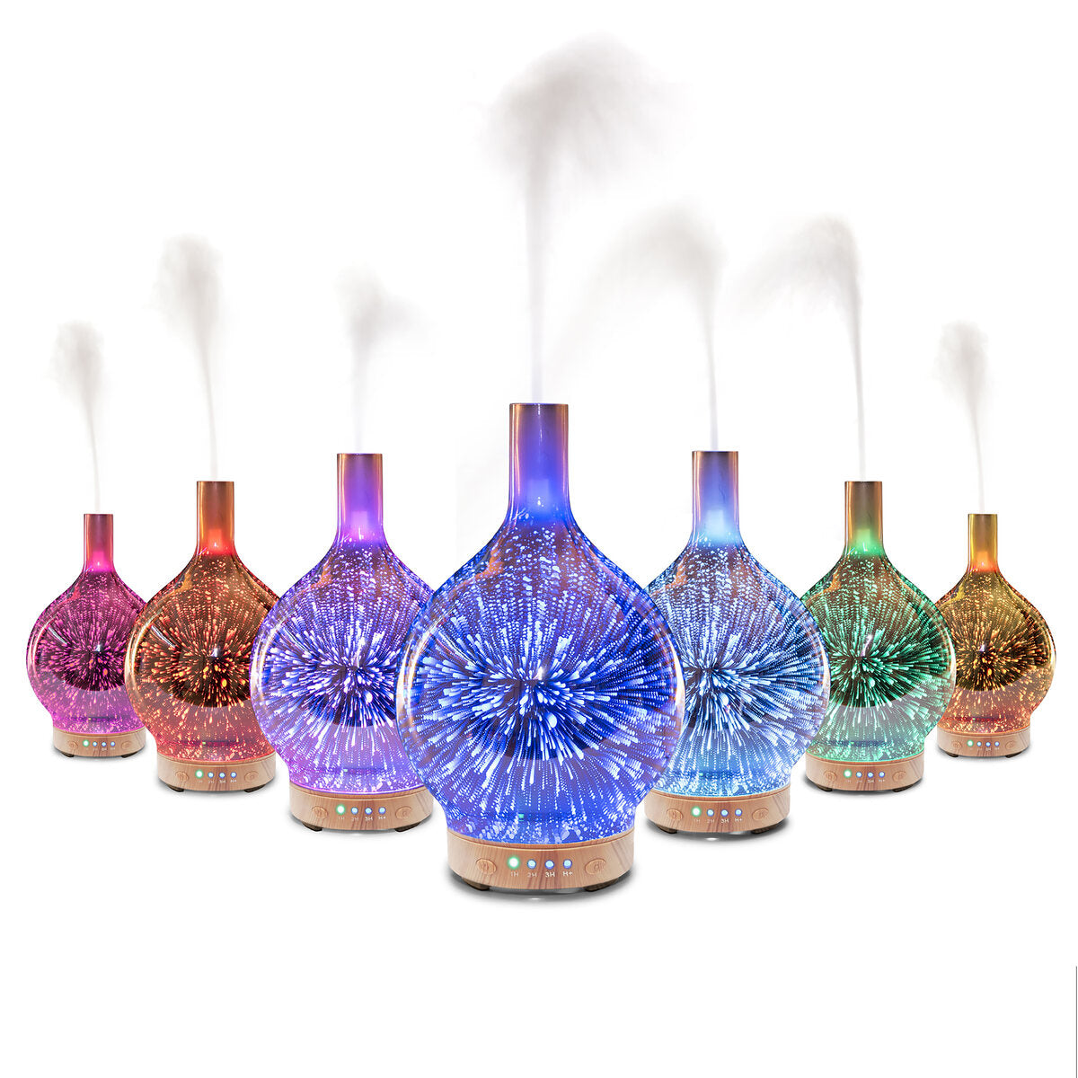 A row of Rio ELLA Aroma Diffuser, Humidifier and Night-Lights glows in various colors, emitting soothing mist and creating a calming atmosphere against a white background.