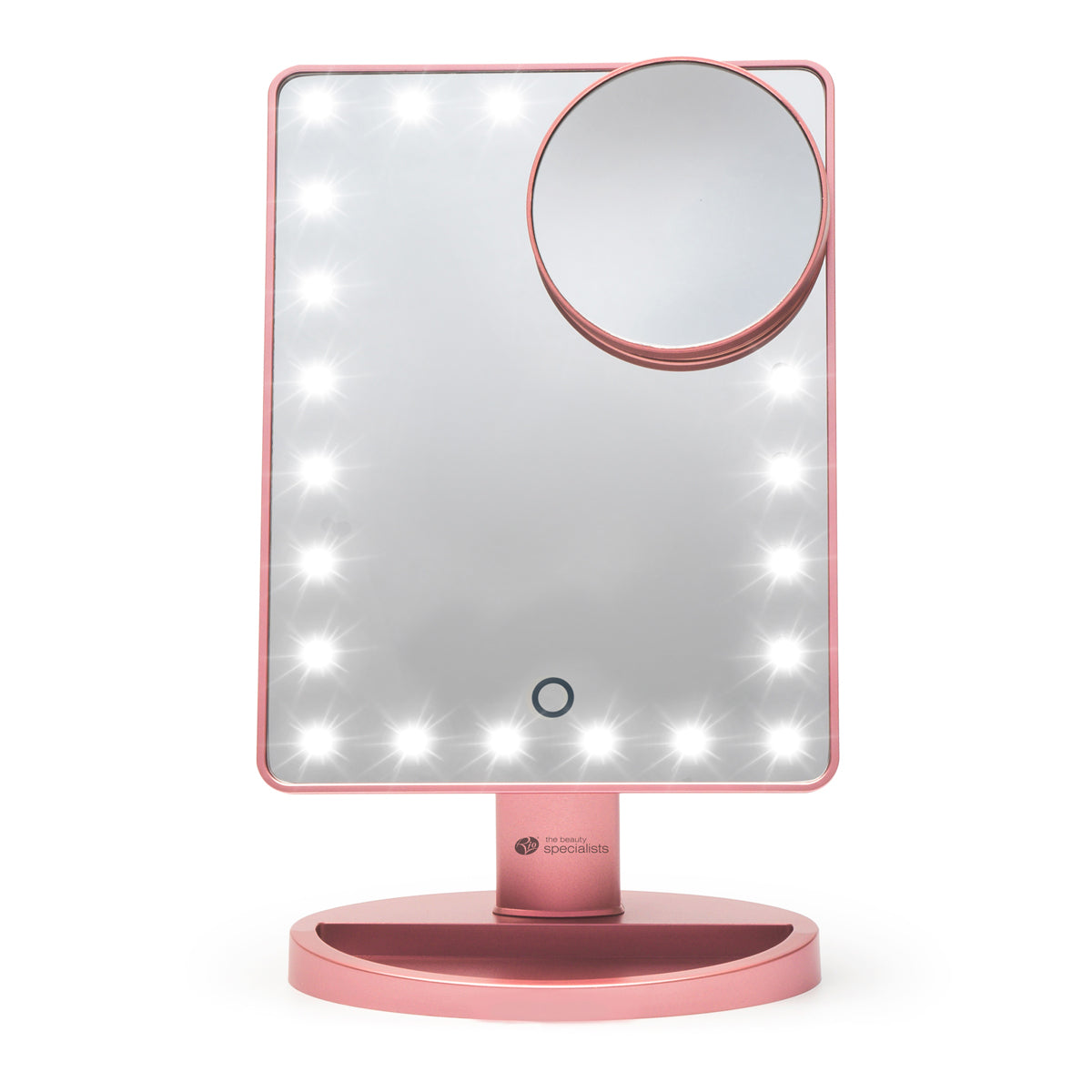 The Rio Rose Gold 24 LED Makeup Mirror features built-in edge lights, an elegant oval base, and a mini removable 10X magnifying mirror attached to the upper right corner.