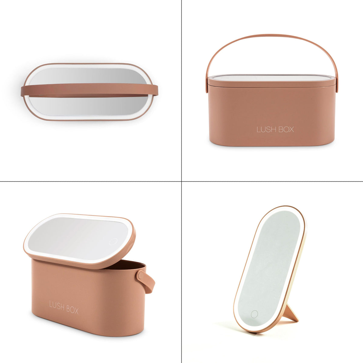 The Rio Lush Box Vanity Case is shown in a 2x2 grid with top, front, open, and standing mirror views—brown, rectangular, with labeled lid, handle, and removable mirror—making it an ideal travel companion.