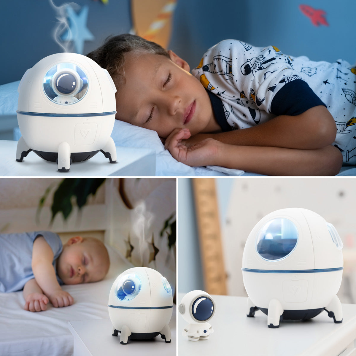 A young boy and baby sleep peacefully near the Rio Spaceship Explorer Childs Essential Oil Diffuser, Humidifier and Night Light, which emits a calming glow and gentle mist in their childrens room.