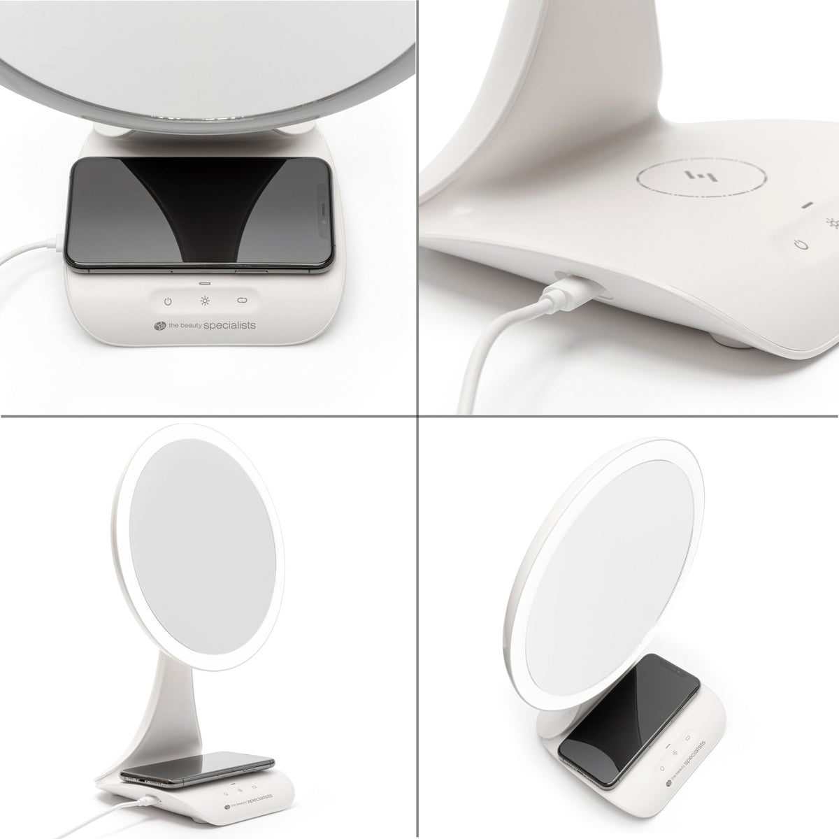 The Rio 5x magnification LED makeup mirror with wireless charging station features a white base, with close-up views highlighting the charging phone, mirror power port, and detailed angles of the product.