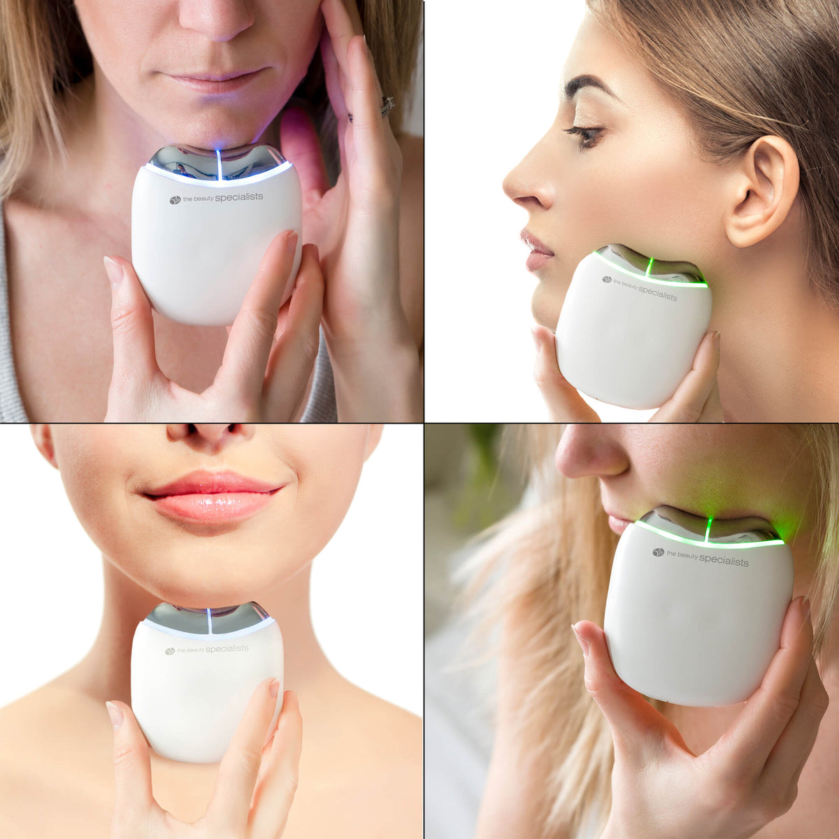 A collage shows four women using the Rio Face Lift & Tone Facial Toner on their faces and necks, each holding the white device with green lights—ideal for skin toning and anti-aging routines.