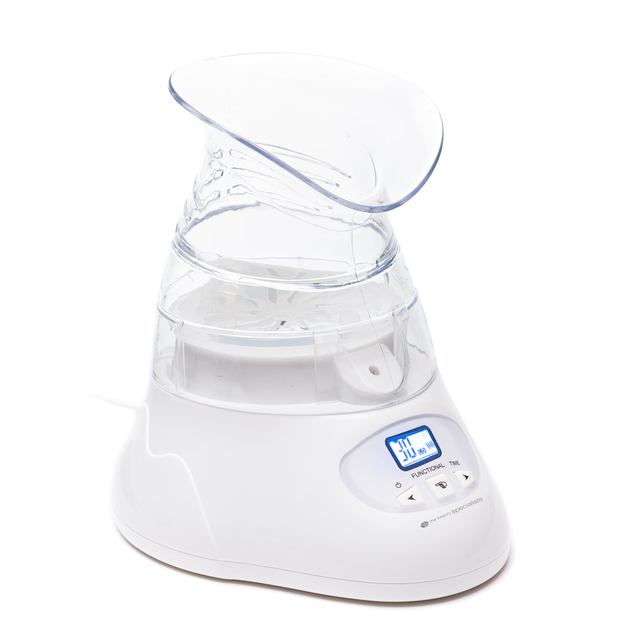 The Rio Facial Sauna Skincare Spa with Steam Inhaler features a white electric design, transparent mask, digital display, and easy controls—ideal for spa-quality facial treatments and steam inhalation at home.