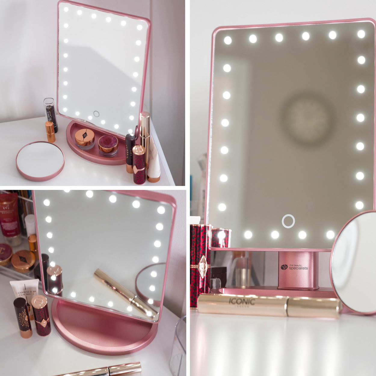 The Rio Rose Gold 24 LED Makeup Mirror with a mini removable 10X Magnifying Mirror sits on a vanity amid cosmetics. Its bright LED lights illuminate the elegant frame, and the mirror is shown from multiple angles.
