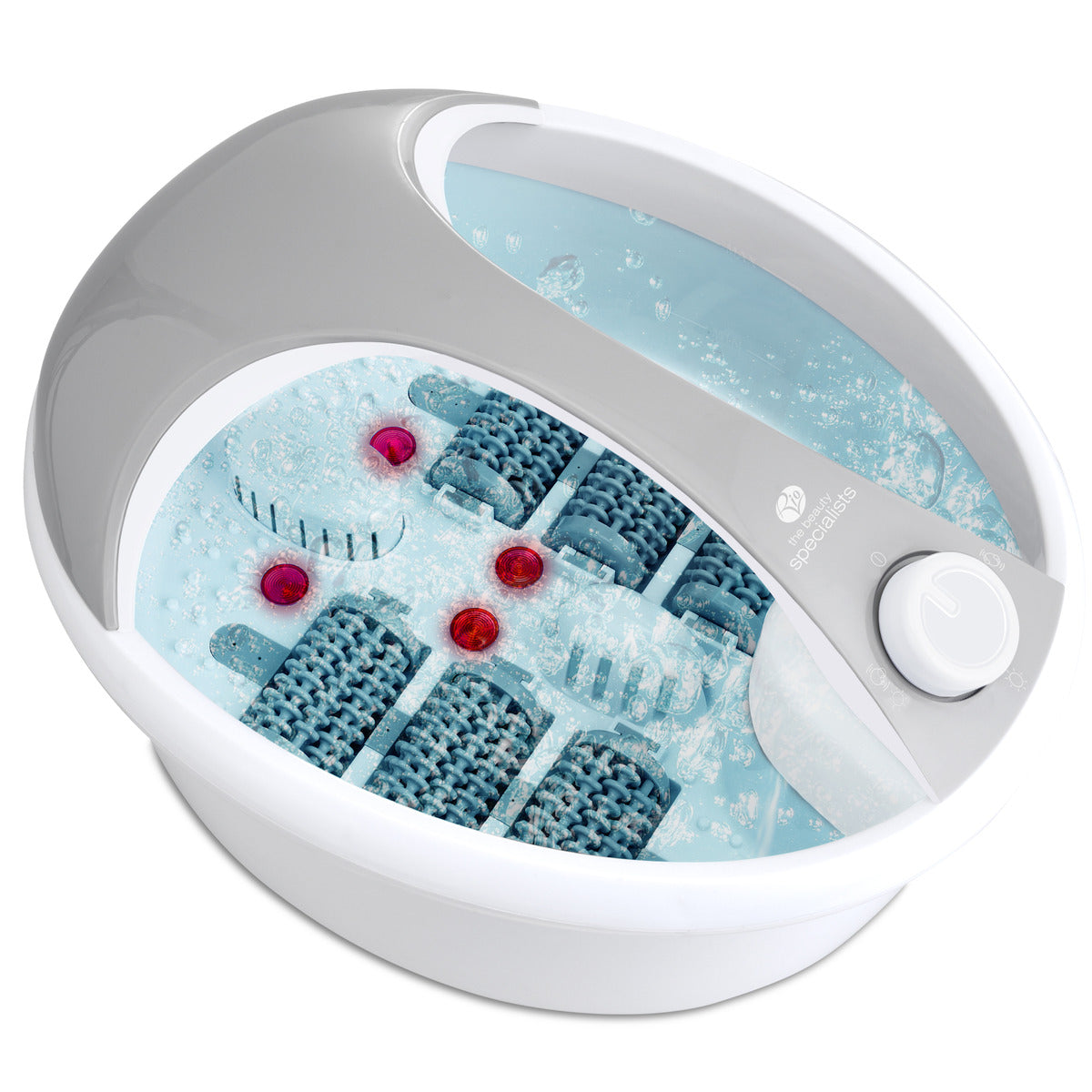 The Rio Deluxe Foot Spa Bath and Massager in white and gray features bubbling water, blue textured rollers, and three red massage nodes in the basin for a relaxing foot massage experience.