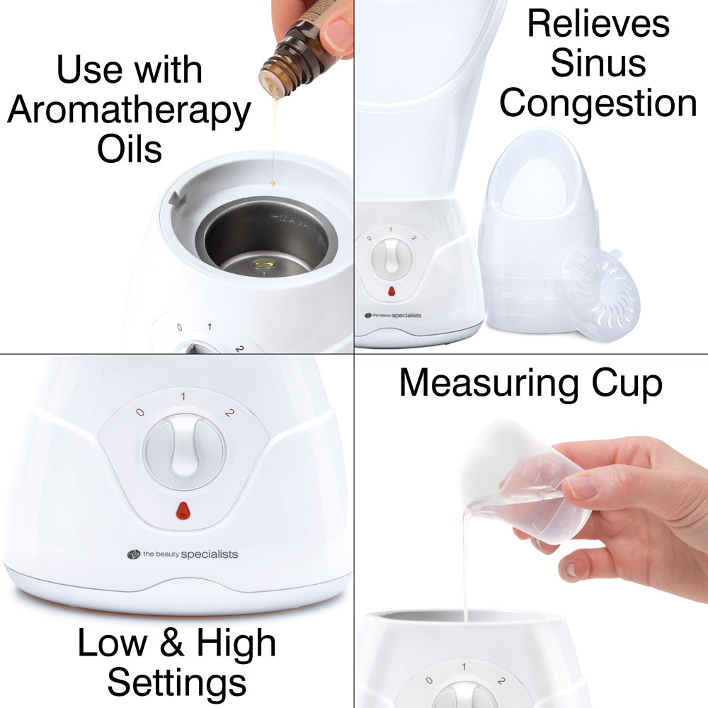 The Rio Facial Sauna Skincare with Steam Inhaler is displayed in four panels: adding oil, steam outlet, control dial (low/high), and using a measuring cup to add water, with text emphasizing its facial sauna benefits.