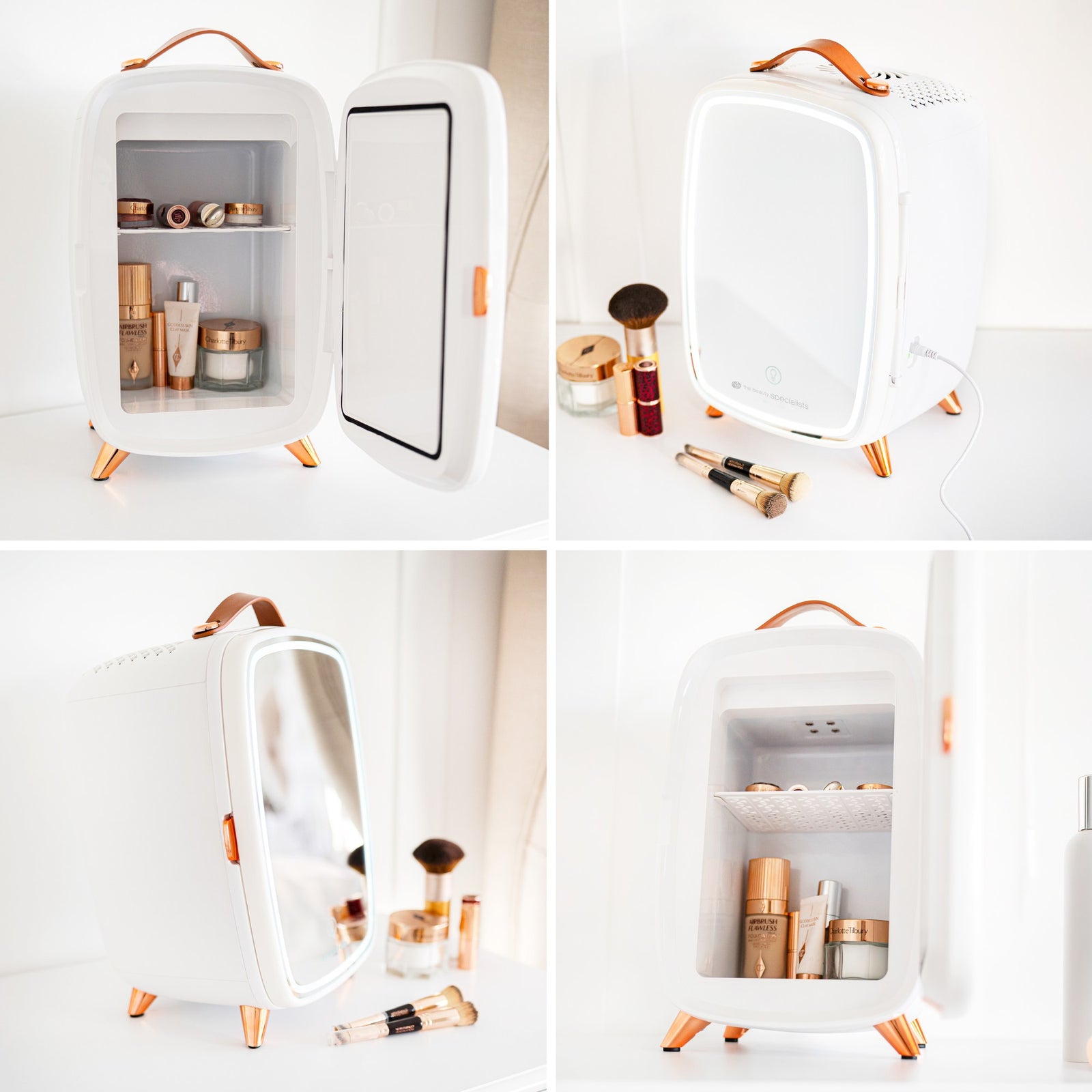 A collage of four photos showcases the Rio Beauty Skincare Fridge With Mirror, a compact white fridge with gold accents, used for storing skincare products. Some images display it open with products inside; others show it closed with makeup accessories nearby.