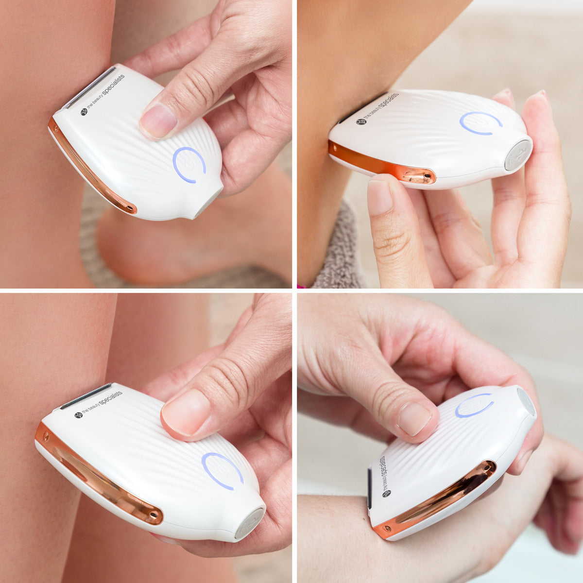 Four close-up photos show a person using the sleek, handheld Rio GO SMOOTH Lady Shaver with a glowing blue circle for effortless shaving on legs and underarms. Its white and rose gold design is highlighted from various angles.