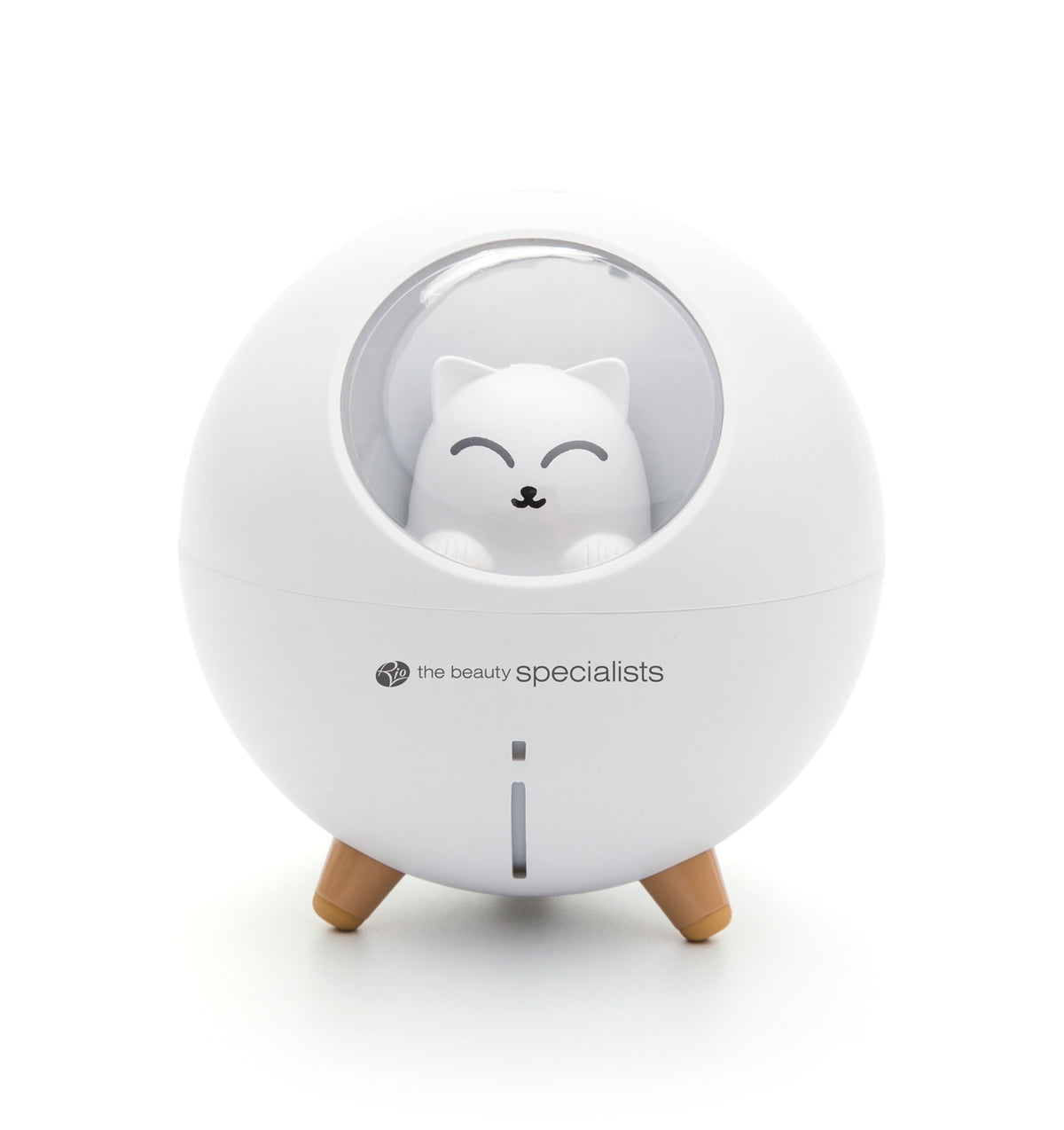 The Rio MIA Cat Childrens Essential Oil Diffuser, Humidifier, and Night Light features a round white design with three wooden legs, a smiling cat figurine in a clear window, and the beauty specialists printed on the front.