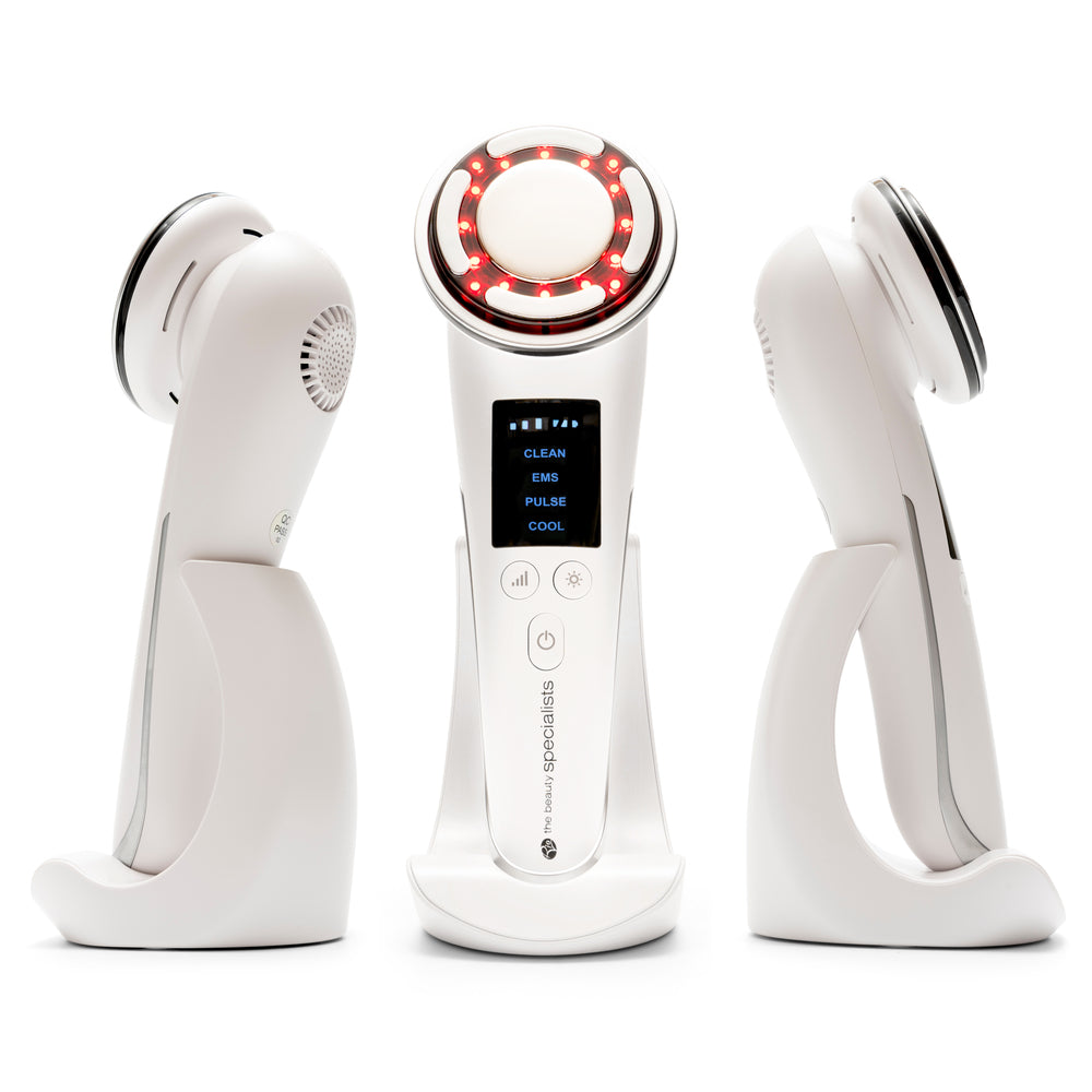 Three views of the Rio Face Lift & Tone Beauty Spa, a white handheld device with a digital display and circular red LED lights on its charging stand, featuring clean, EMS, pulse, and cool buttons for firmer-looking skin.