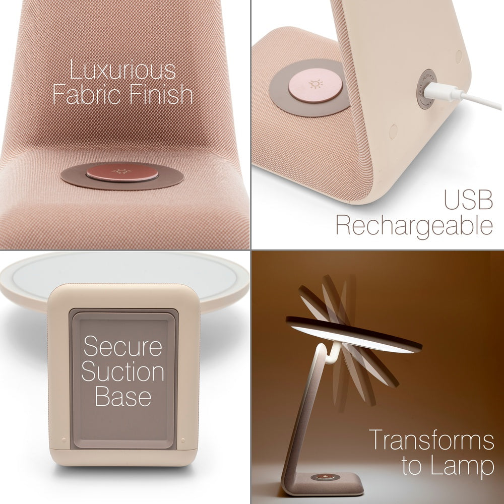 A four-panel image features the Rio TrueColour High Performance Makeup Mirror—showcasing its sleek design, fabric finish, USB charging port, secure suction base, and adjustable angles. Clear text highlights each feature in the relevant panel.